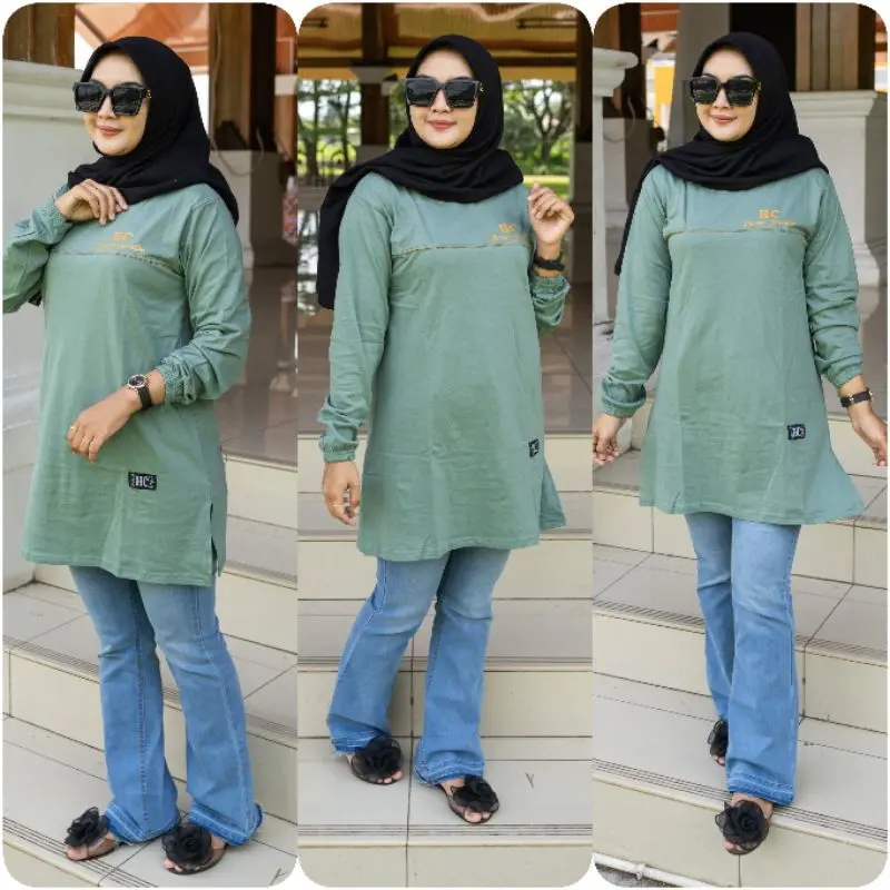 TUNIK SAMBUNG EMAS KAOS WANITA TANGAN PANJANG DI KERUT PAKAI KARET JAHITAN BELAH PINGGIR BAHAN KATUN KOMBET 20 S 1