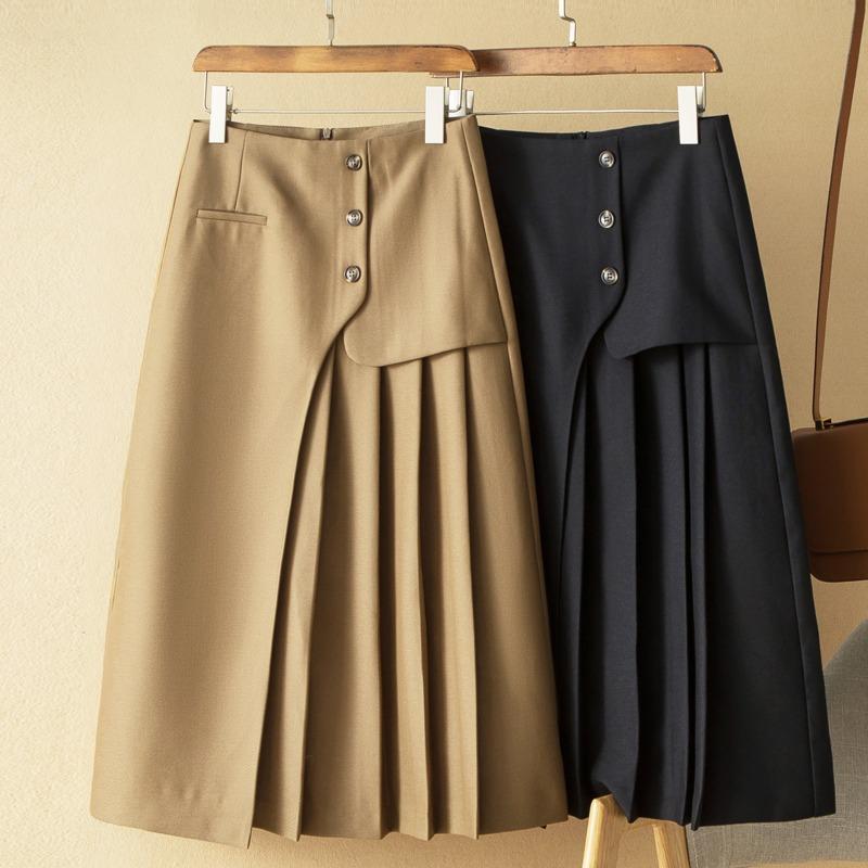  Chân Váy Chữ A Xếp Ly Đính Cúc Vạt Che Bụng Dáng Dài qua gối 68cm có BIG SIZE 