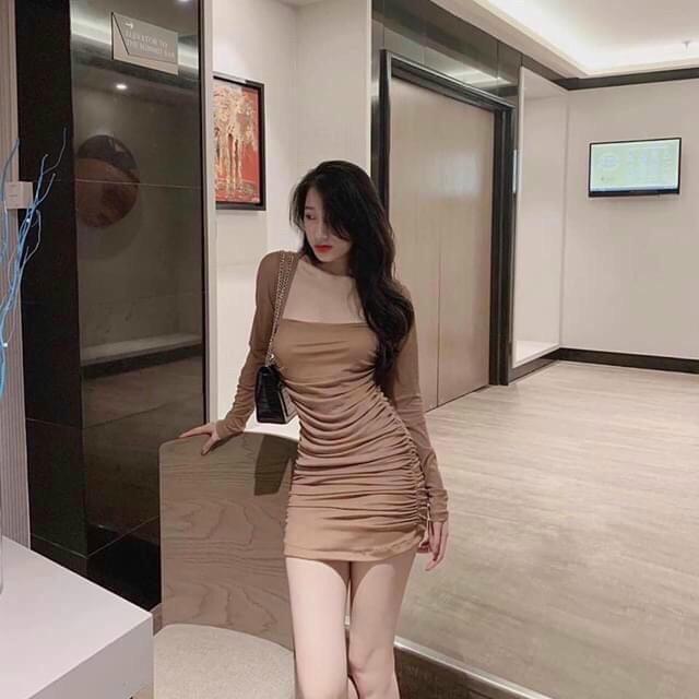 Váy body - Đầm body nữ dài tay cổ vuông nhún sườn  chất đẹp 1