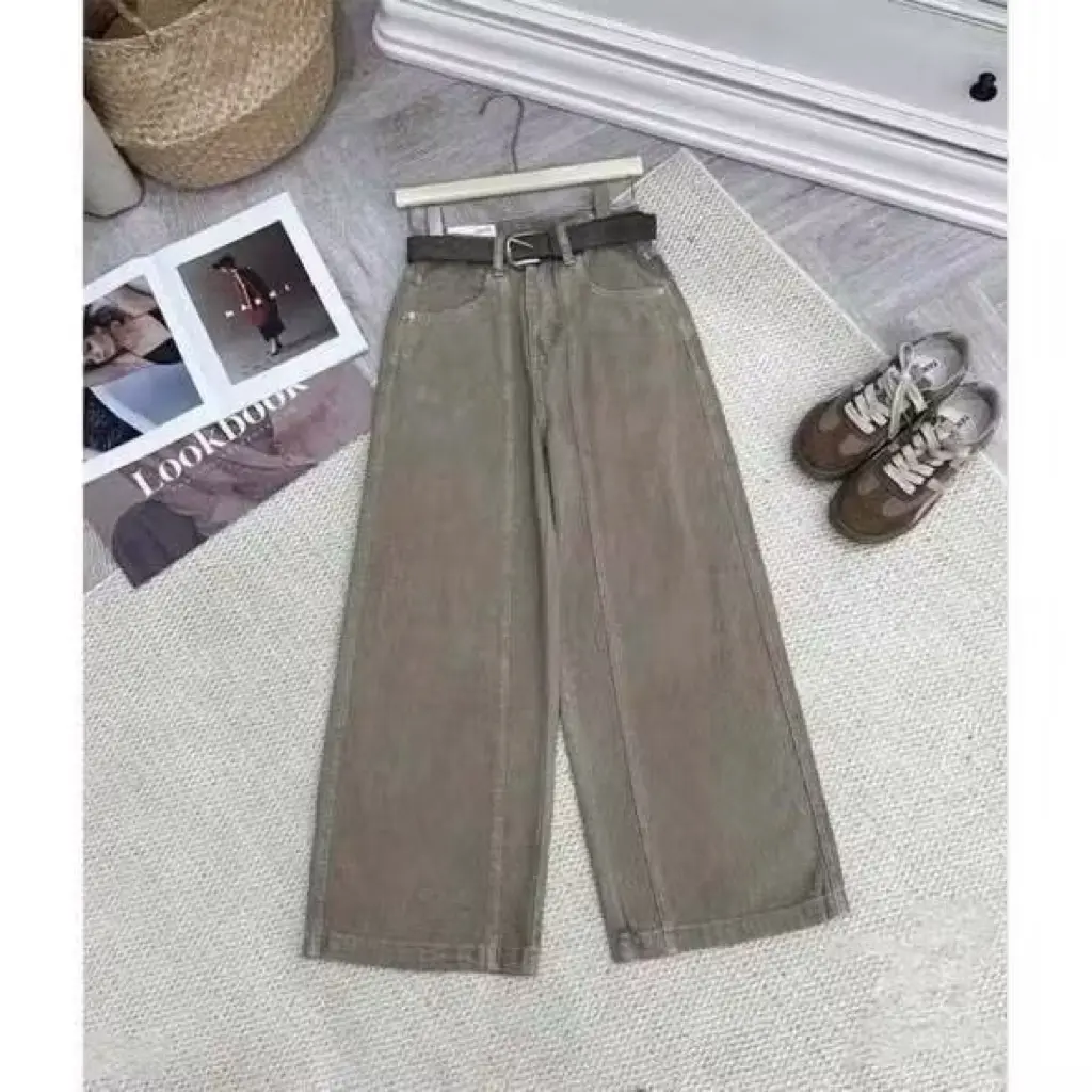 [ Hàng Có Sẵn ] Quần bò suông nâu tây gân giữa gấu to cạp cao phom dáng chuẩn dễ phối đồ chất liệu dày dặn không giãn size S M L XL | BigBuy360 - bigbuy360.vn