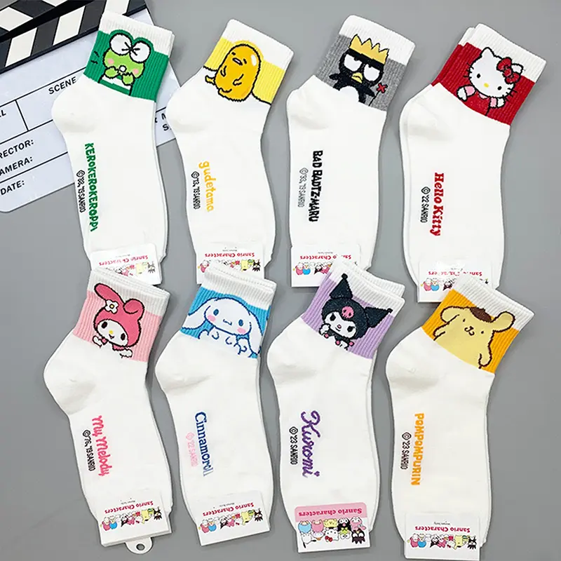 Hello Kitty Medium Tube Socks Kuromi Cartoon Animals Socks Kawaii Sanrio Melody Socks Rosered Black White Sock For Girls Women