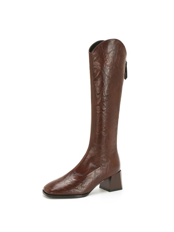 Women's Fashionable Solid Color Square Toe Boots, Retro Style Zipper Design Knee High Boots for Daily Wear, Casual Trendy Versatile High-quality Daily Comfortable Shoes, Girl 8