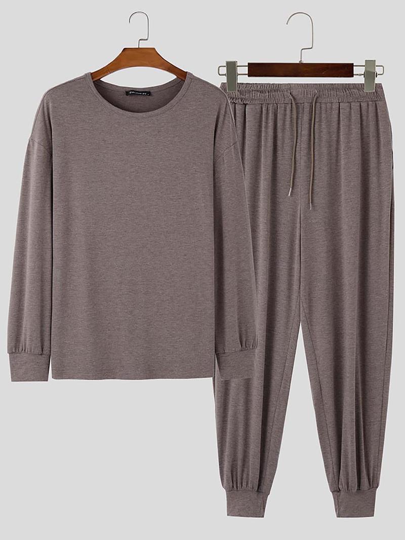 Product Introduction of Men's Solid Color Round Neck Tee & Drawstring Waist Pants Set, Loose Crew Neck Long Sleeve Top & Trousers, Casual Fashion Cozy Breathable Men Two-piece Outfits for Spring & Fall 3