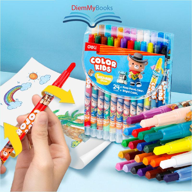 Bút Sáp Vặn Gấu Con Deli - 12/24 Màu Sáp Tươi Sáng Lên Màu Chuẩn An Toàn Cho Trẻ Nhỏ Học Sinh Tô Vẽ Tranh