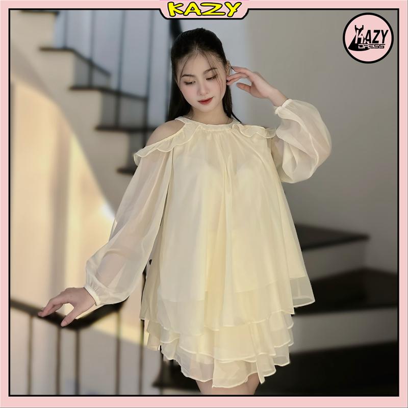 Set áo chất tơ  hở vai cổ yếm tiểu thư kèm chân váy xoè quần 3 lớp KAZY DRESS S005