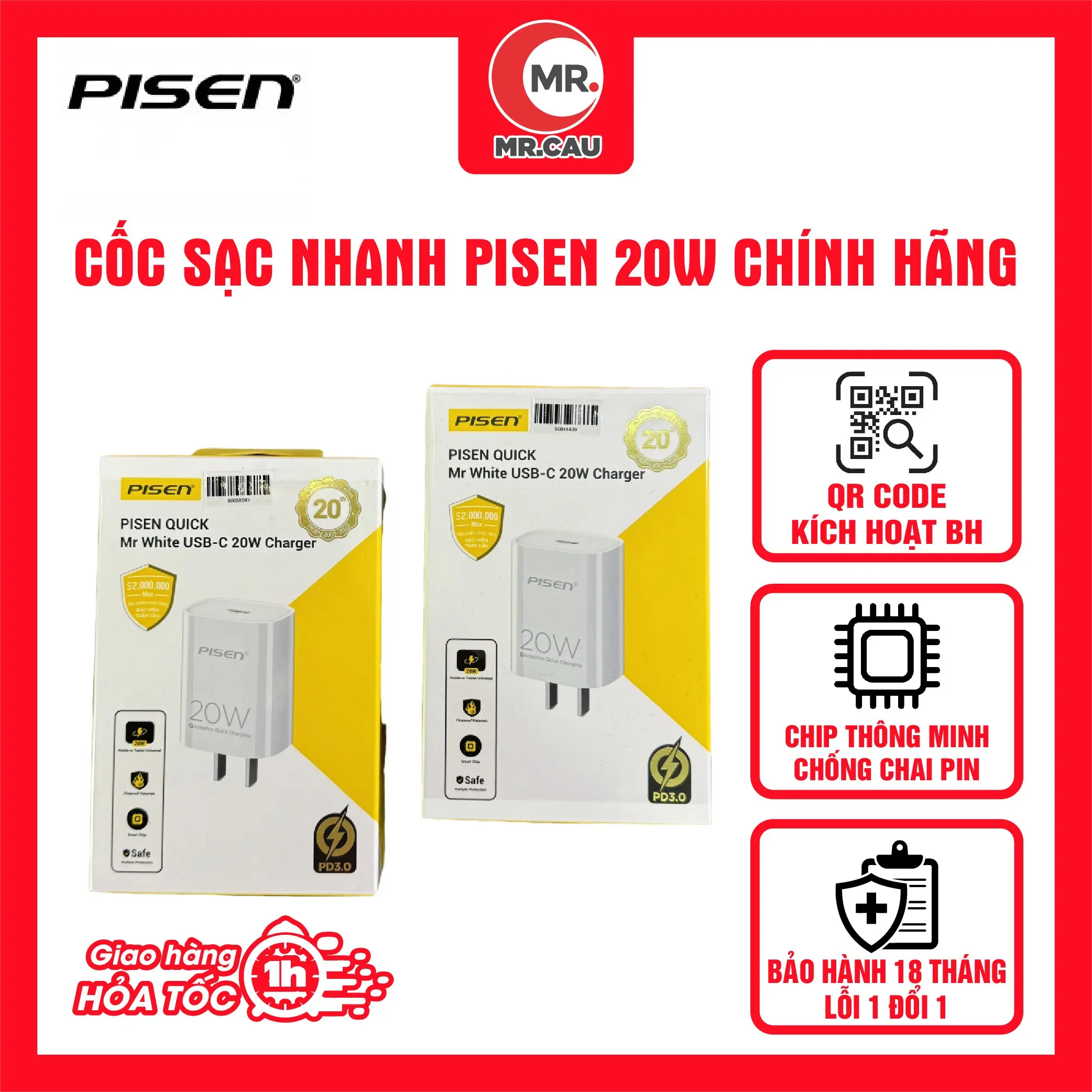 Sạc nhanh 20W - PISEN QUICK PD 20W PD3.0 Cho Táo - Bảo Hành 18 Tháng 1 Đổi 1 Kem Sạc Điện Thoại Phụ Kiện