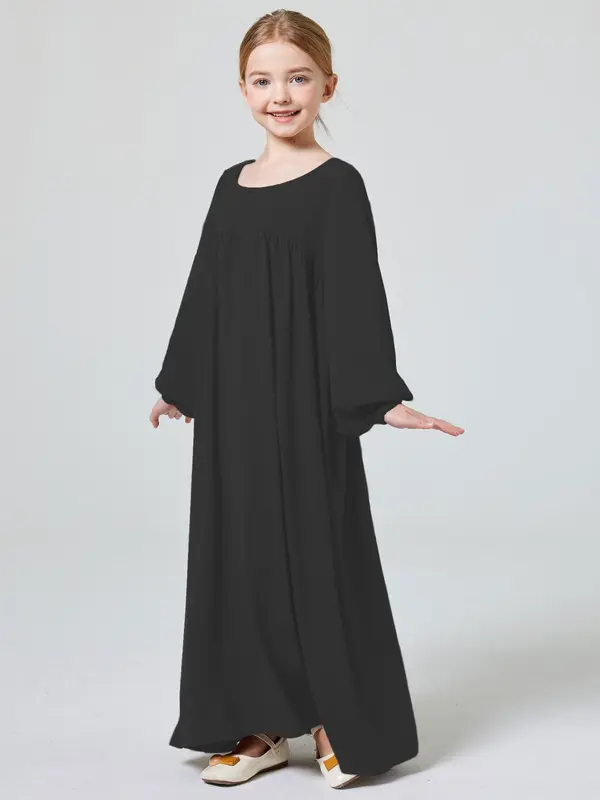 Muslim Girl's Solid Ruched Bishop Sleeve Smock Dress without Hijab, Modern Abaya Dress, Modest Outfits, Cute Clothes, Cute Casual Round Neck Long Sleeve Dress for Daily Wear, Kid's Summer Clothes 3