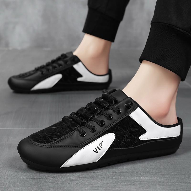 2024 New Summer breathable slip-on baotou drag men s shoes Doudou Korean version of the trendy canvas lazy half-trail RWES52 0