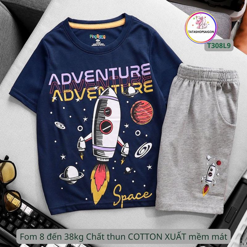 Bộ cộc tay quần đùi thun cotton xuất khẩu cho bé trai phom T308, từ 12 đến 40kg, có co giãn nhẹ 4 chiều và thấm hút mồ hôi tốt