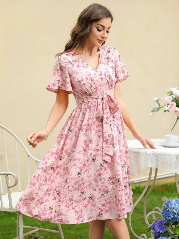 Women's Ditsy Floral Print Zipper Belted Dress, Elegant Short Sleeve V Neck  Dress for Summer, Ladies Clothes for Daily Wear 2