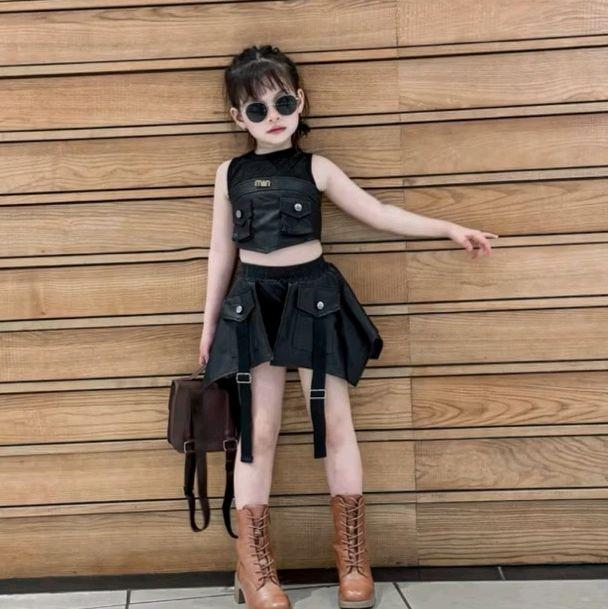 D10_ Sét Quần Váy Da Vạt Xéo Túi Hộp, Áo Ba Lỗ Bé Gái