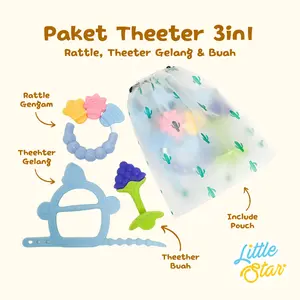 LS 3in1 Paket Mainan Gigitan Bayi Baru Lahir Newborn Baby Theether Empeng Buah Gelang Gengam Rattle Silikon Kerincingan BPA Free Teether Gigi