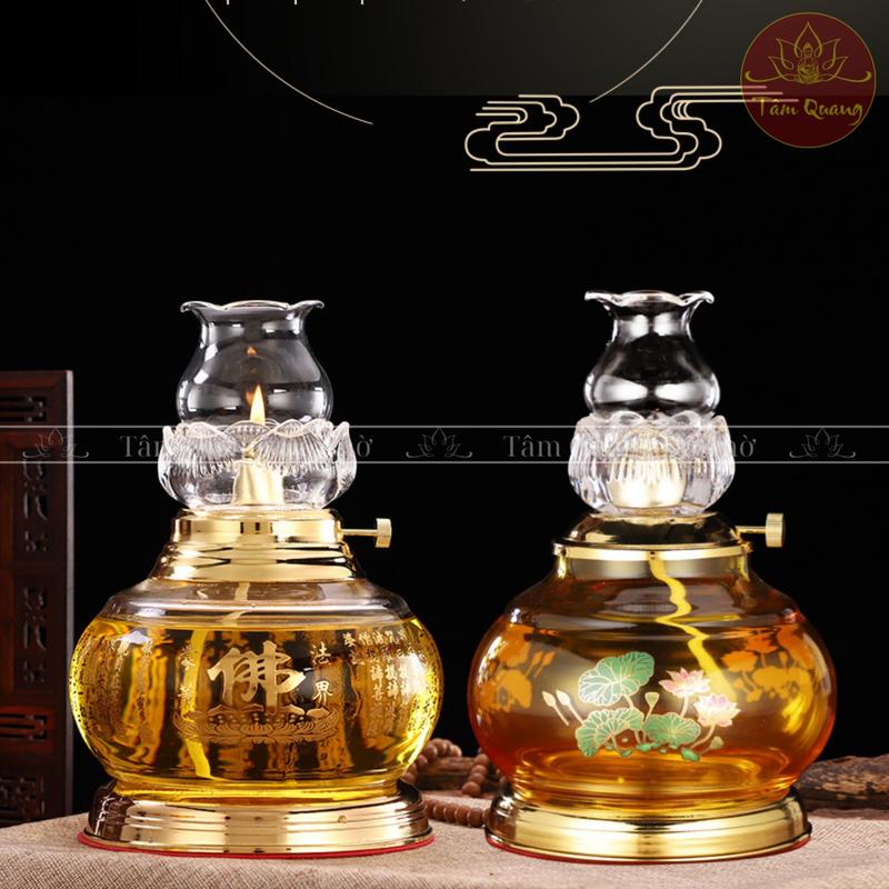 Đèn Dầu Lưu Ly 036 Bóng Thủy Tinh In Hình Hoa Sen Và Bát Nhã Tâm Kinh Decor Phòng ( Giá Tính 1 Cây ) dendecor