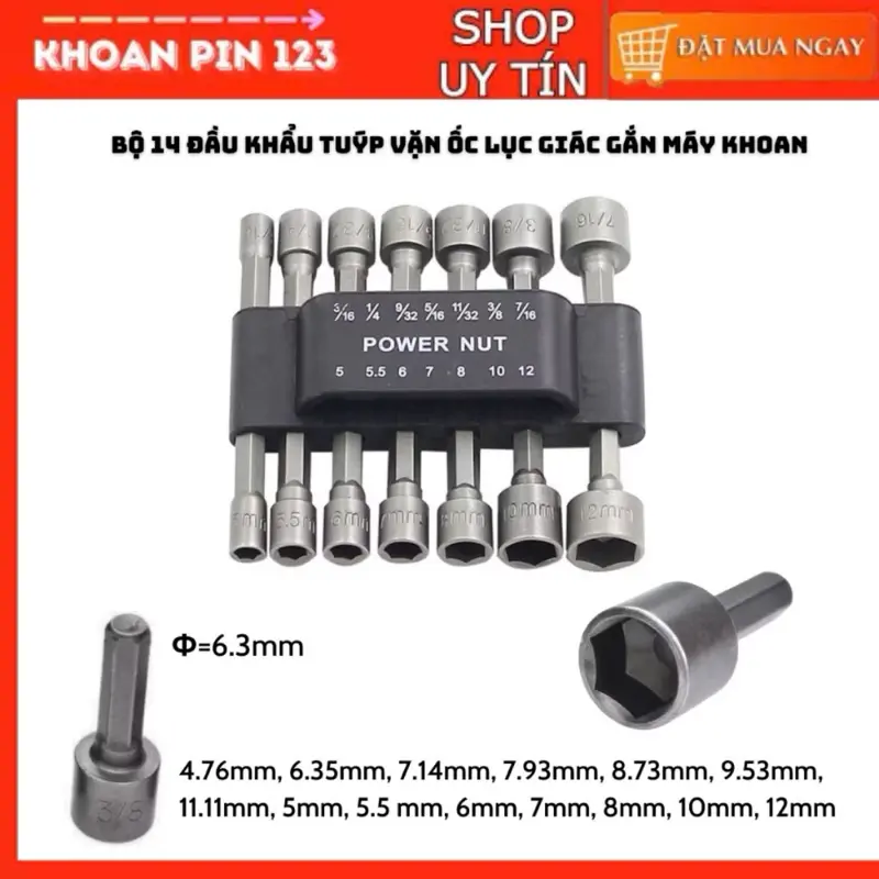 ￼Bộ 14 đầu khẩu vặn ốc bắn tôn chuôi lục giấc gắn máy khoan cầm tay 5-12mm tiện dụng (không có nam châm)