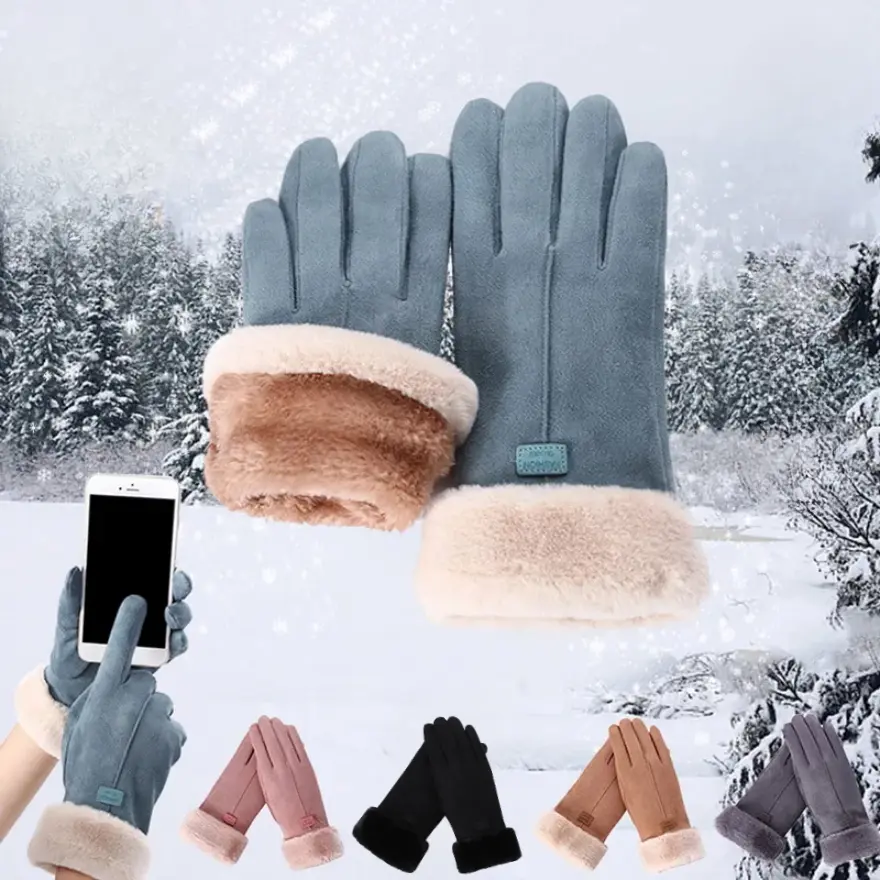 Cashmere-like Thermal Gloves in Winter and Padded Plush Double-layer Thermal Gloves for Girls Riding Outdoors in Winter