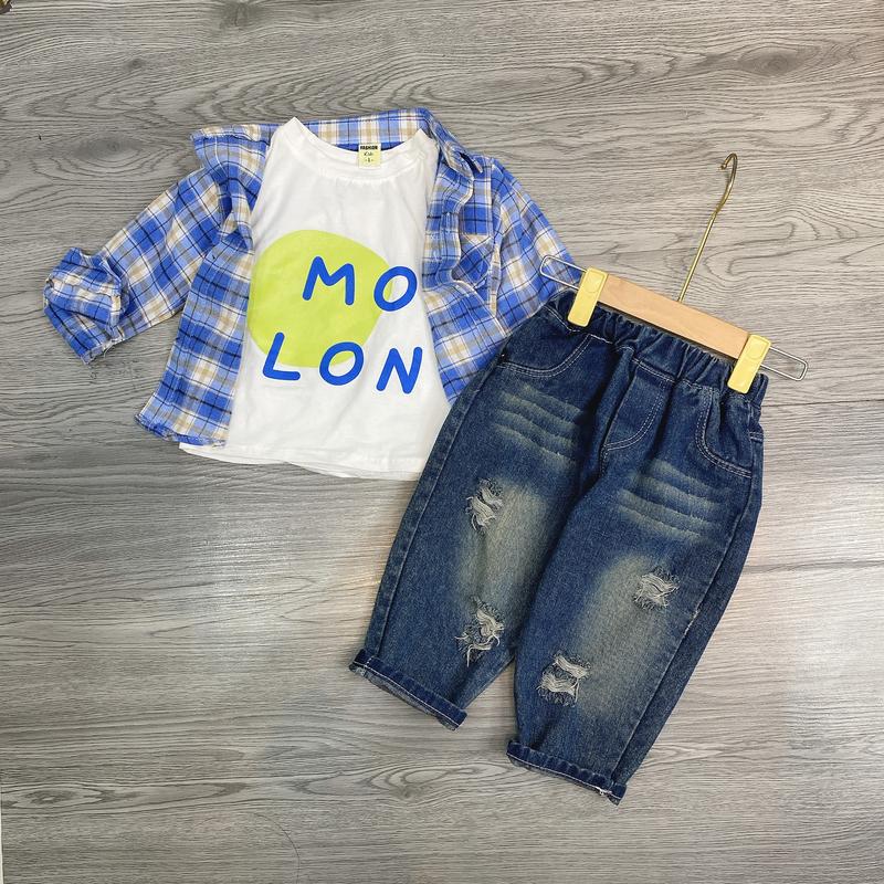 bộ quần áo 3 chi tiết gồm áo thun trong sơ mi ngoài quần jean cho bé trai cực cool sz từ 8-28kg [Shop Linh kids 88)( Giao quần bò nhạt đậm Ngầu nhiên)