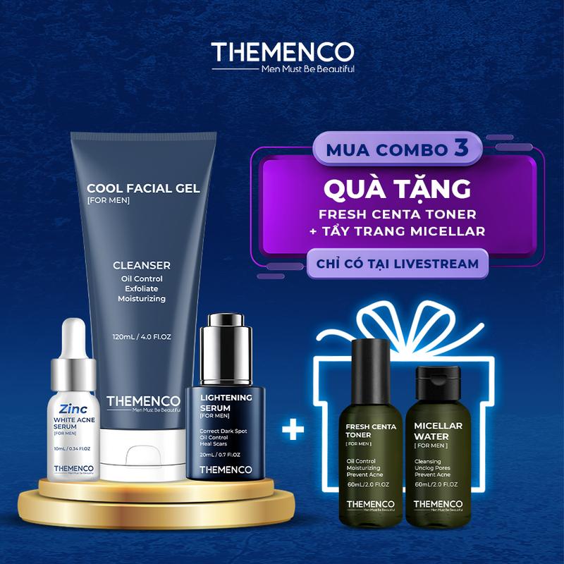 [ QUÀ TẶNG Toner 60ML + Tẩy Trang 60ML Khi Mua ] Combo Hoàn Hảo Cho Da Mụn,  Thâm, Dầu Nhờn Phù Hợp Cho Nam Giới The Menco ( Lightening 20Ml hoặc 30ML , Zinc 10ML , Sữa Rữa Mặt 120ML )