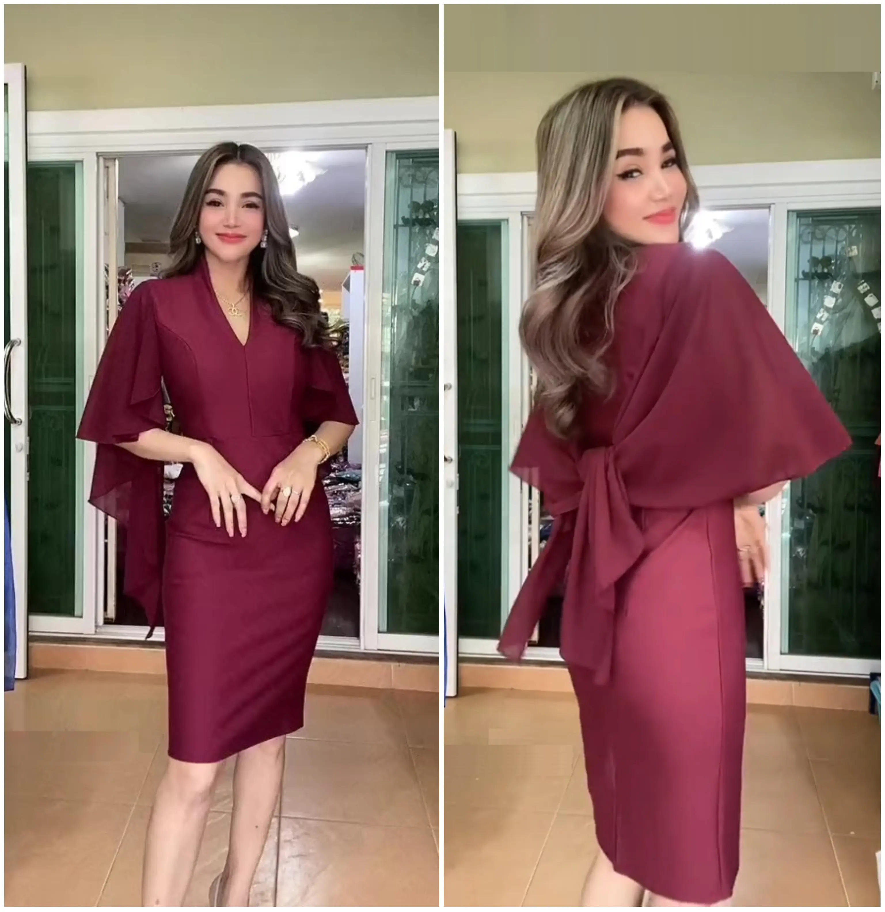 LooWear Midi Dress Bodycon Pesta Kondangan Bangkok Span Pendek Lengan Tile Premium Kekinian