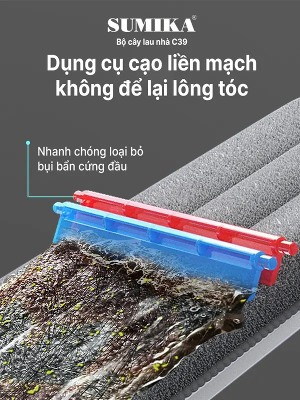 Bộ cây lau nhà SUMIKA C39, thùng lau nhà 2 ngăn tự vắt thông minh, chổi lau sàn nhà 360 độ, 2 bông lau, 1 móc treo cây lau sàn 7