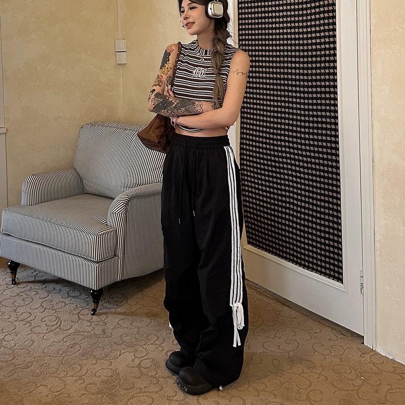 Quần lưng chun phối 4 sọc 2 bên kèm thắt nơ- mẫu mới 2024 -Nữ Pants Women có thể giặt máy thường 1