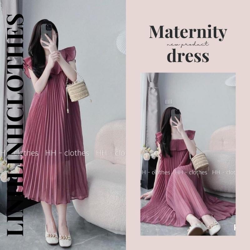 Váy bầu cao cấp thiết kế dập ly phối tay cánh tiên vải tơ xinh xắn váy có 3 màu mặc đi chơi dự tiệc đám cưới