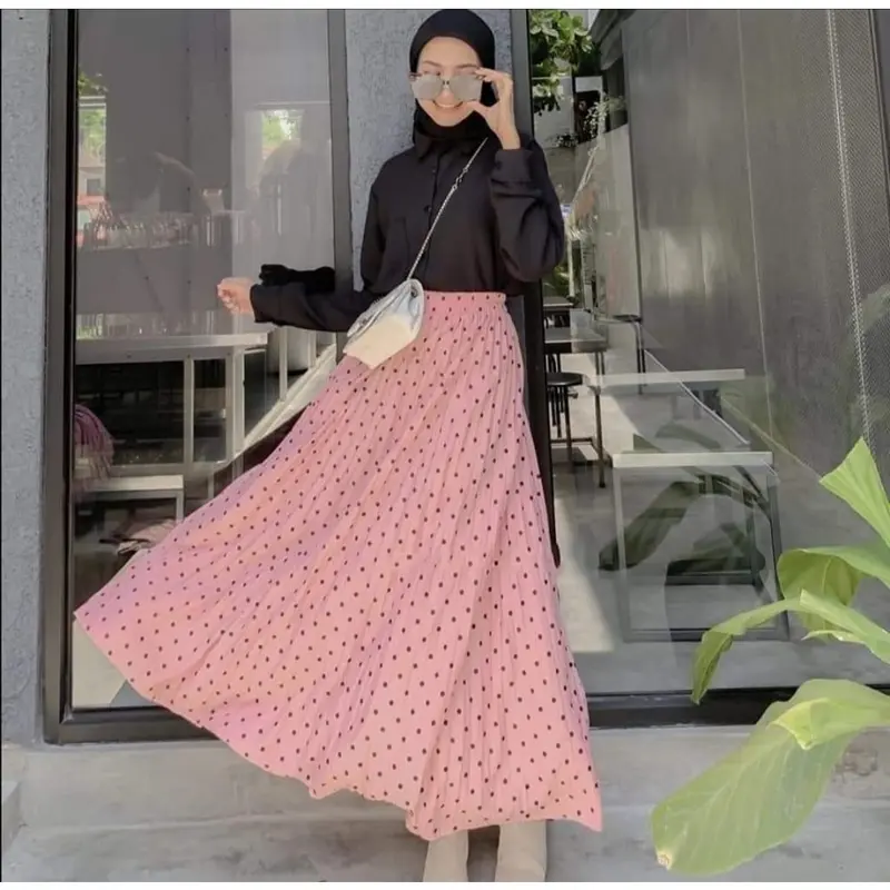 ROK PLISKET MOTIF POLKADOT 7/8 PREMIUM Bawahan Muslimah Rok Plisket Panjang Motif Wanita Terbaru | MOKAT STORE 3