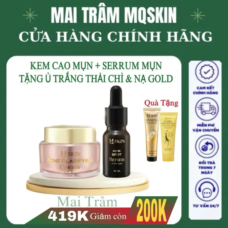 [ Tặng ủ trắng thải chì 20g+ Nạ Gold 30g ]M Q SKIN - COMBO CAO MỤN GỒM SERUM MỤN 10ml+ KEM FACE MỤN 15g- Hổ trợ cải thiện tình trạng mụn thâm Skincare