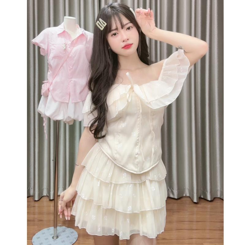 XẢ KHO NGHỈ BÁN (KÈM MÚT) Set Áo kiểu nữ kèm chân váy chất voan tơ mềm có lớp lót thêu hoa nổi 4 màu Hàn Quốc Kozoda S181 2