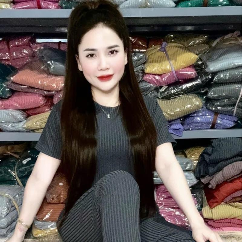 Set Bộ Mặc Nhà Áo Cổ Tròn Tay Ngắn Quần Dài Ống Ôm Vải Gân Đũa Lạnh Thoáng Mát Nhiều Size 4