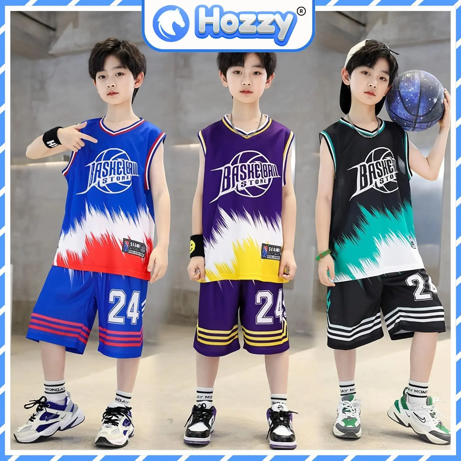 Bộ ba lỗ thể thao bóng rổ, bóng đá bé trai 20-55kg Hozzy, bộ sát nách bé trai size đại chất thoáng mát
