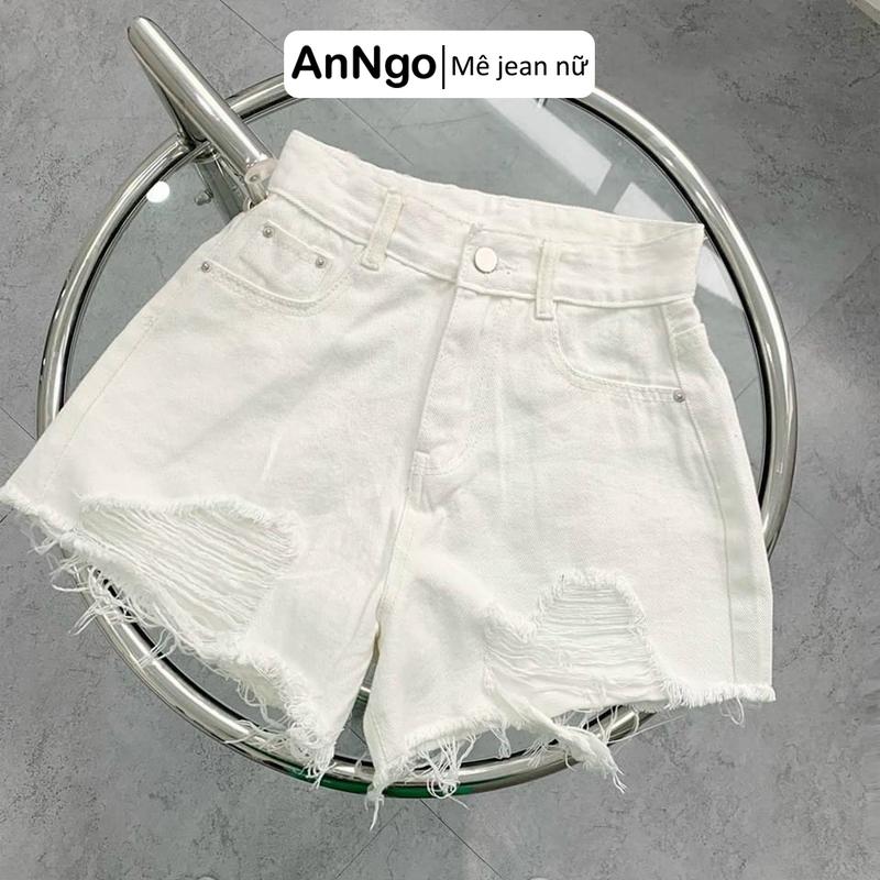 Có big size Quần short jean nữ trắng lưng cao ống rộng vải denim rách bền đẹp AnNgo - AT199