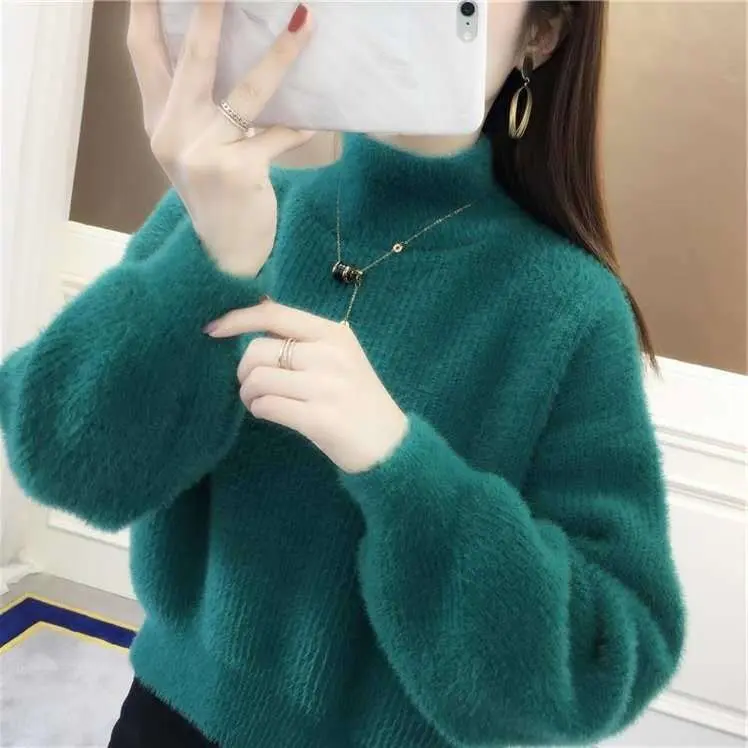 Áo Len Nữ, Lông Chồn Nhân Tạo, Áo Áo Chui Đầu Mùa Thu Và Mùa Đông, Phong Cách Thường Ngày Tay Phồng Ngắn, Áo Len Mặc Trong, Dày, Không Xơ Vải, Năm 2025 7
