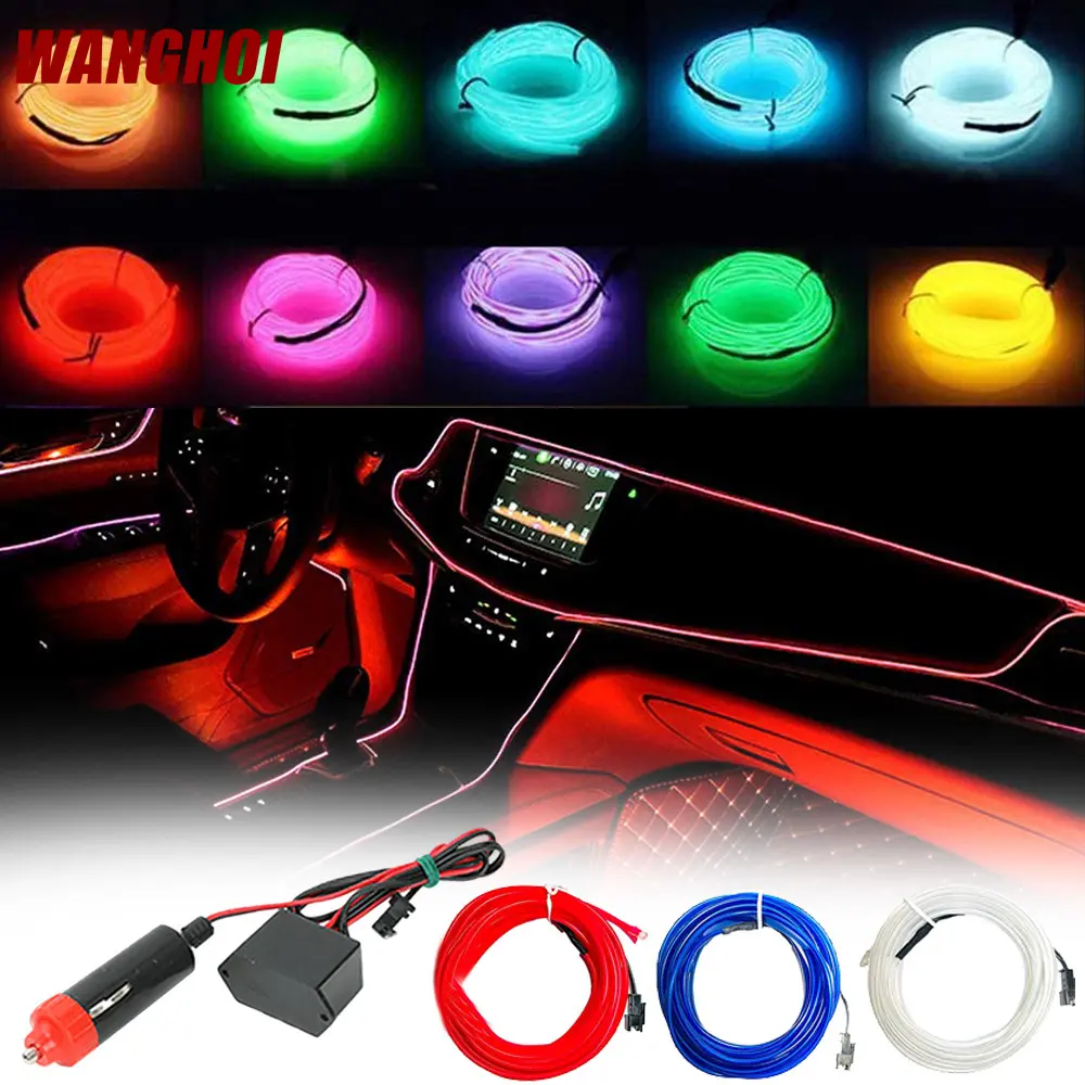 El Wire Car Interior LED Strip Lights Car Neon Strip Ambient Lighting DIY Flexible Automotive Interior Decoration Lamp 1M/2M/3M/5M