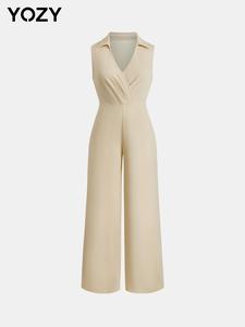 YOZY Women's Solid Wrap Wide Leg Jumpsuit, Elegant Sleeveless Collared Jumpsuit for Daily Wear, Ladies Clothes for All Seasons