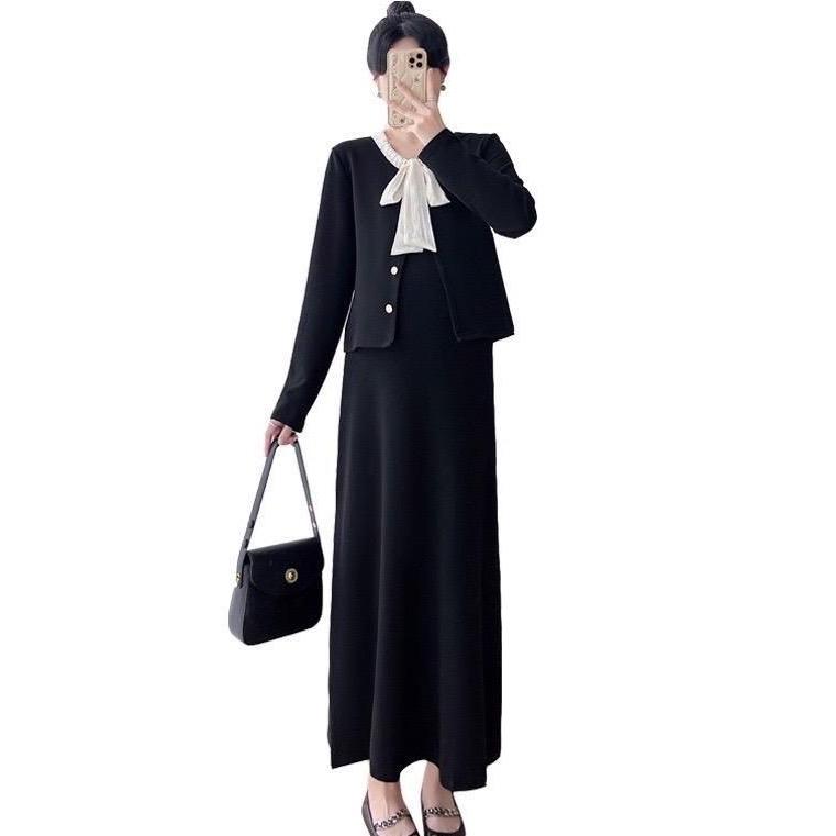 (45-75kg)Set suông đầm bầu chất gân thái thiết kế gồm váy 2 dây và áo khoác ngoài phối cổ voan tơ Women Nữ Dress