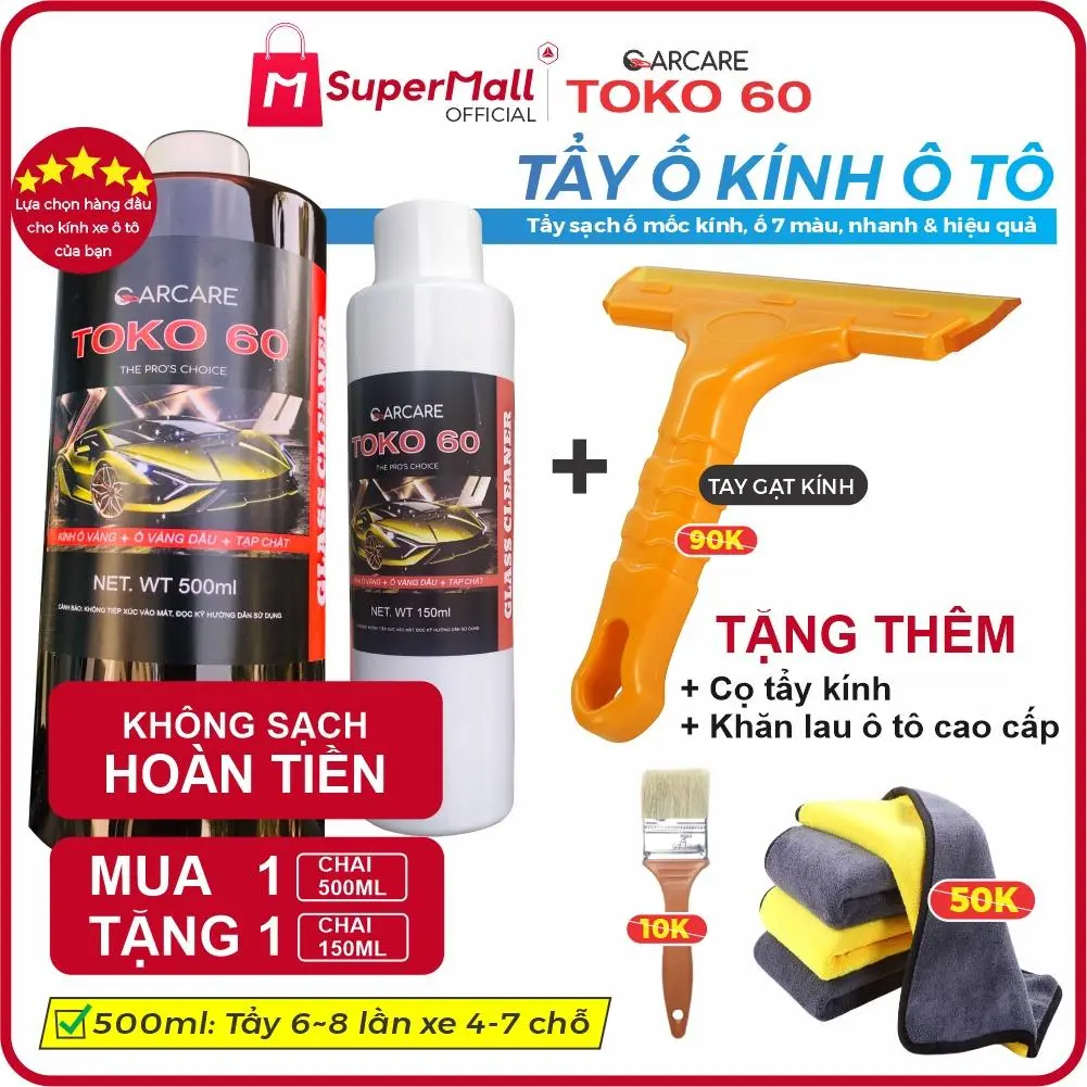 TOKO 60 - Dung dịch tẩy ố kính ô tô tại nhà, Tẩy cặn canxi, ố mốc kính, hiệu quả, tiết kiệm