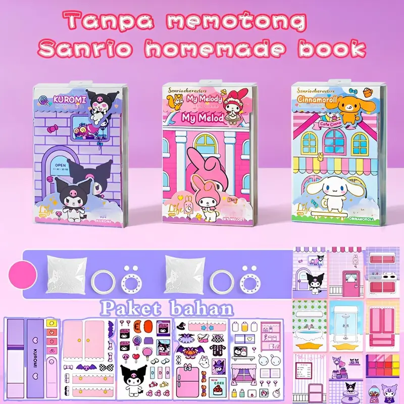 Sanrio Quiet book Cinnamoroll Kuromi Buku Diy Handmade Toys Paper Doll House hand Pom Pom Purin Pochacco Animal House Mainan Edukasi Busy Book Buku Aktifitas Anak Anak Mudah Disusun Bahan kertas Art 60gr Tebal Tidak Mudah Rusak Murah diy Mainan 4