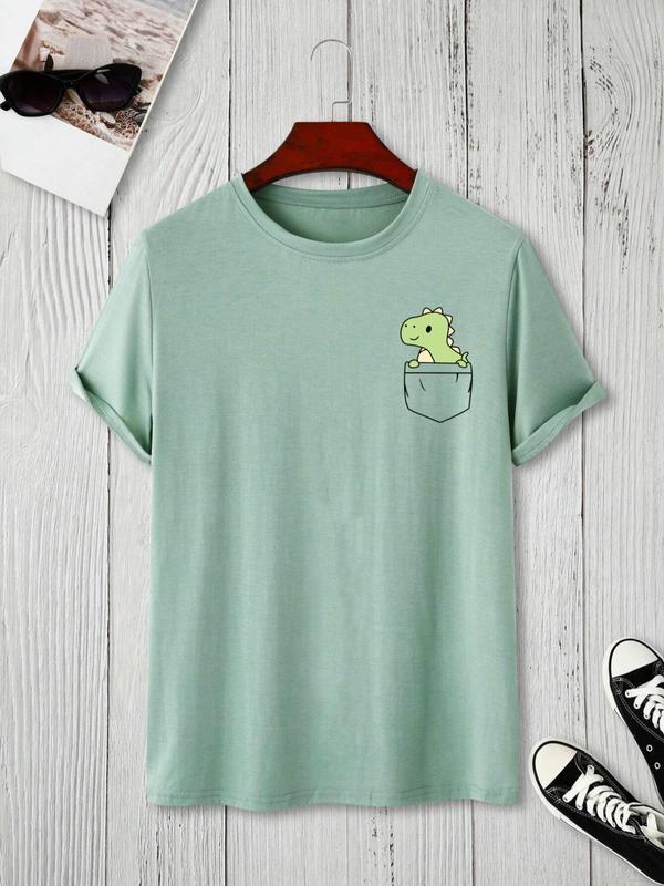 Women's Cartoon Dinosaur Print Drop Shoulder Tee, Casual Half Sleeve Round Neck T-shirt for All Seasons, Women's Top for Daily Wear, Womenswear 6