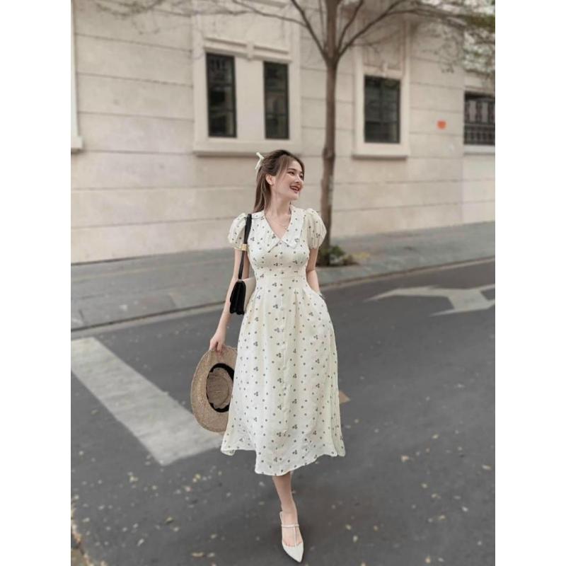 DOAN VAN DUY Bán chạy Đầm Mùa Hè chất xốp có lót có túi xinh xĩu tiểu thư vintage Nữ Women Dress Màu Trắng 3