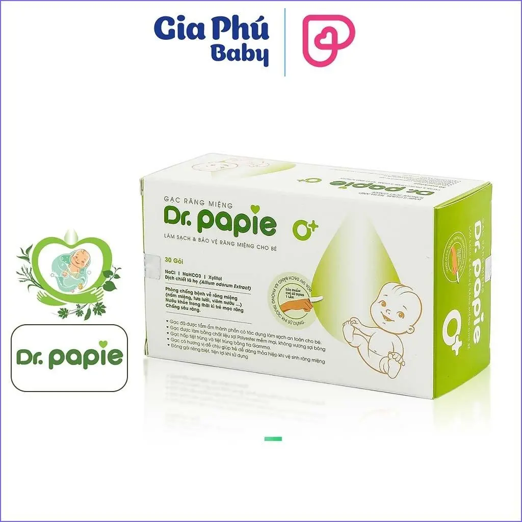 Gạc rơ lưỡi Dr.Papie giúp vệ sinh răng cho bé, hộp 30 cái ( Mẫu 0m+ và 12m+ )