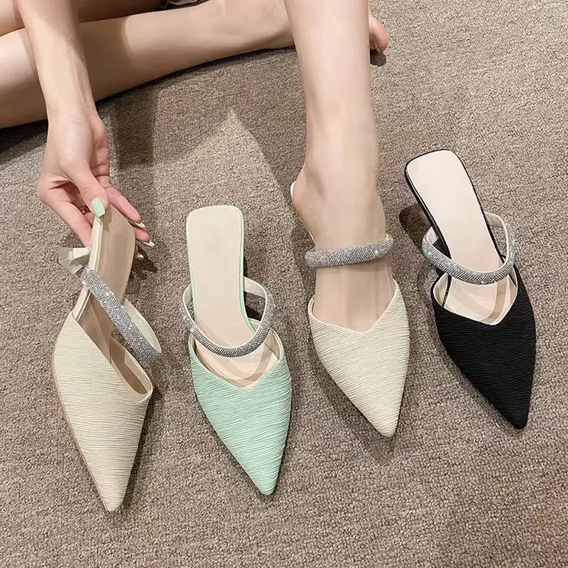 Dép Bít Mũi Cho Nữ, Bộ Sưu Tập Xuân / Hè Mới 2024, Dây Đeo Đính Đá Giày Cao gót, Gót Nhọn, Thích Hợp Với Váy, Dép Tinh Tế Giày Nữ