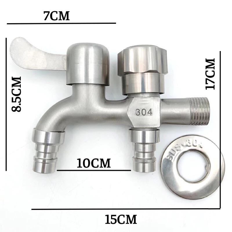 ￼Vòi nước 2 đầu ra Inox304 , Vòi nước 2 đầu cho máy giặt chia nước thành 2 cổng xả độc lập