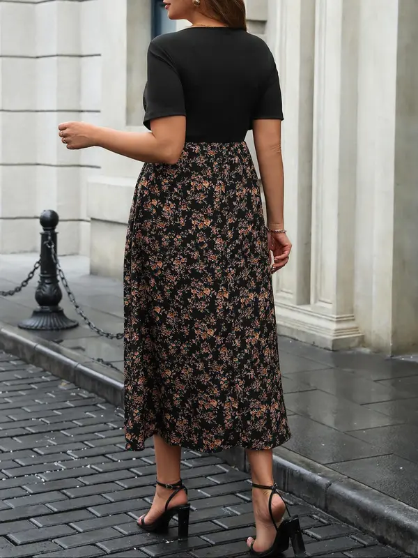 【Plus Size】Ditsy Floral Print Scoop Neck A Line Dress, Boho Casual Short Sleeve Long Dress for Daily Outdoor Wear, Summer Dress, Women Plus Clothing for All Seasons, Womenswear, Sundress 1