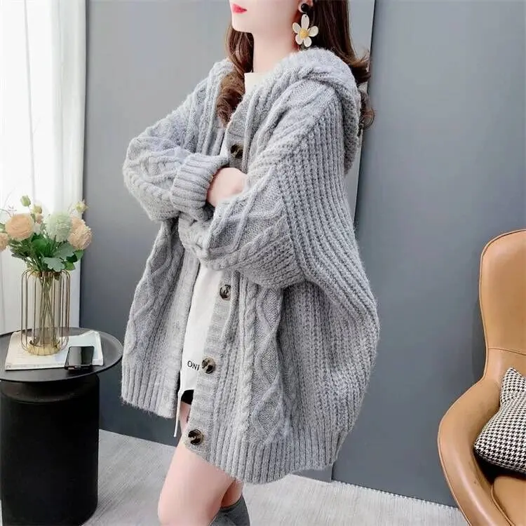 Áo Len Có Mũ Trùm Đầu Cổ Điển Phong Cách Thường Ngày Áo Cardigan, Dành Cho Nữ, Mùa Thu Và Mùa Đông, Dáng Rộng Vừa Vặn, Dài Trung Bình Áo Khoác Dệt Kim, Hàng Mới Về Năm 2024 3
