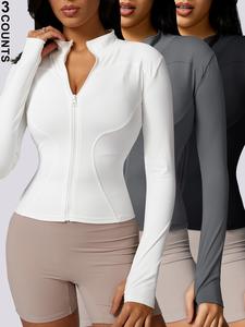 Sporty Women's Plain Zip Up Thumb Hole Sports Jacket, Sports Long Sleeve Stand Collar Outerwear for Yoga Gym Workout, Ladies Sportswear for All Seasons