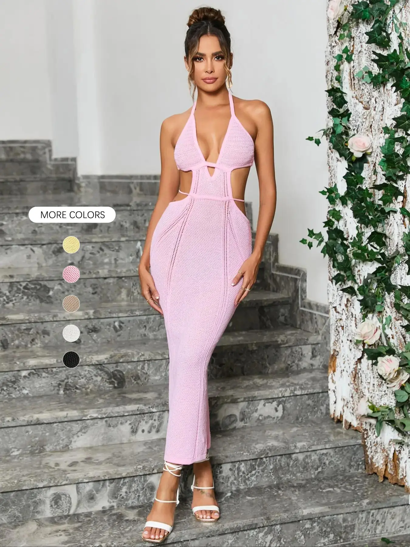 Women's Plain Cut Out Halter Neck Tie Back Bodycon Sweater Dress, Dress in Club, Dresses for Women, Summer Dresses 2024, Comfort Elegant Sexy Fashion Cozy Backless Knit Dress for Dating Party Wear, Women Knitwear for Summer Valentine's Day, gift