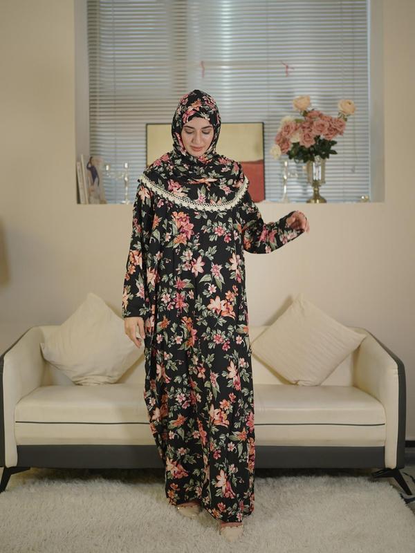 Women's Floral Print Contrast Lace Hooded Tunic Dress, Modest Outfits, Elegant Long Sleeve Long Muslim Womens Clothing for Daily Wear, Ladies Clothes for All Seasons 1