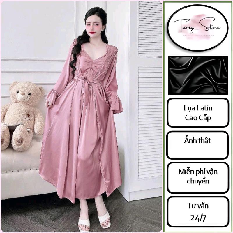 [<65Kg] Set Đầm Ngủ TAMY Dáng Dài 2 Dây Sexy Ren Bụng Kèm Áo Choàng Lụa Tay Loe Thướt Tha Chất Lụa Latin Mềm Mịn - Freesize
