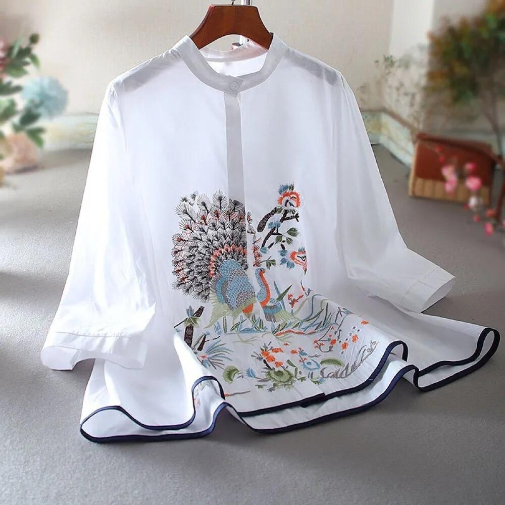 FADFAD kemeja wanita kelas atas longgar model A-line bergaya etnik retro dengan kerah tegak