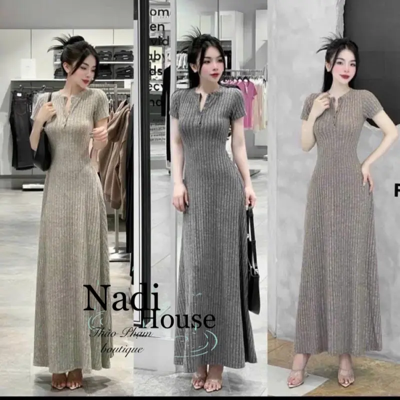 ĐẦM LEN ĐŨA DÁNG A, CÚC TRƯỚC, KÈM TAG NƠ ( 4 màu đen/ xám/ nude/ hồng, kèm ảnh thật), form dài maxi Nữ Women 0